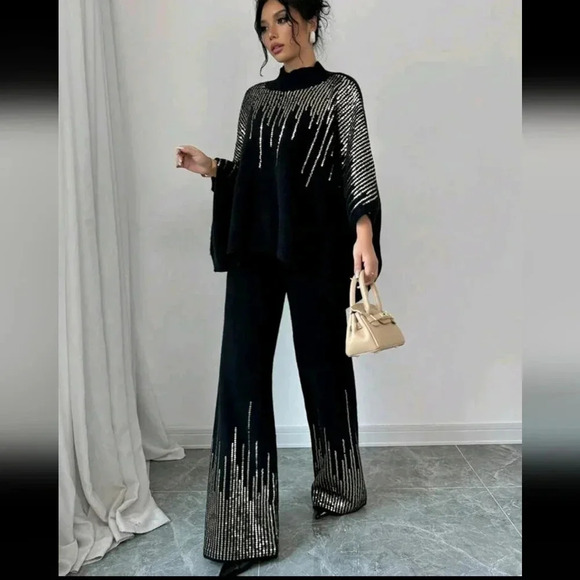 Women's Sequin Patchwork Batwing Sleeve Sweater And Knitted Pants Loose Suit - Picture 5 of 6